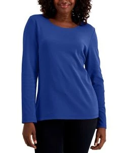 Karen Scott Long Sleeve Cotton Scoop-Neckline Top, Created For Macy's