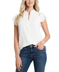 CeCe Women's Short Sleeve Pin-tuck Ruffled Button-up Blouse