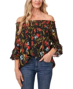 CeCe Women's Garden Flora Smocked Off-The-Shoulder Blouse