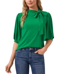 CeCe Women's Puff-Sleeve Bow-Neck Elbow Sleeve Top