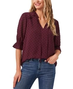 CeCe Split-Neck Clip-Dot Blouse