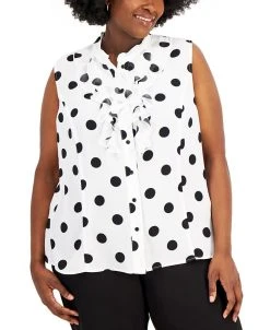 Kasper Plus Size Polka Dot Sleeveless Tie-Neck Shell Top