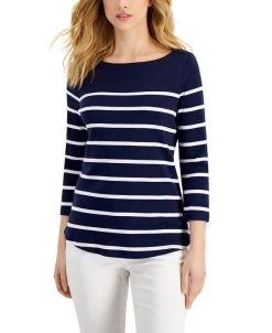 Charter Club Women's Striped Boat-Neck 3/4-Sleeve Top, Created For Macy's