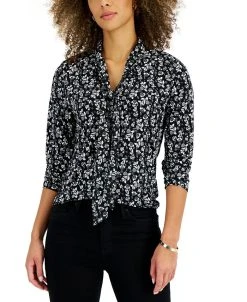 Charter Club Women's Floral Tie-Neck Blouse, Created For Macy's