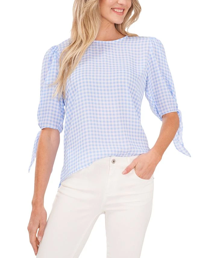 CeCe Women's Gingham Tie-Sleeve Blouse