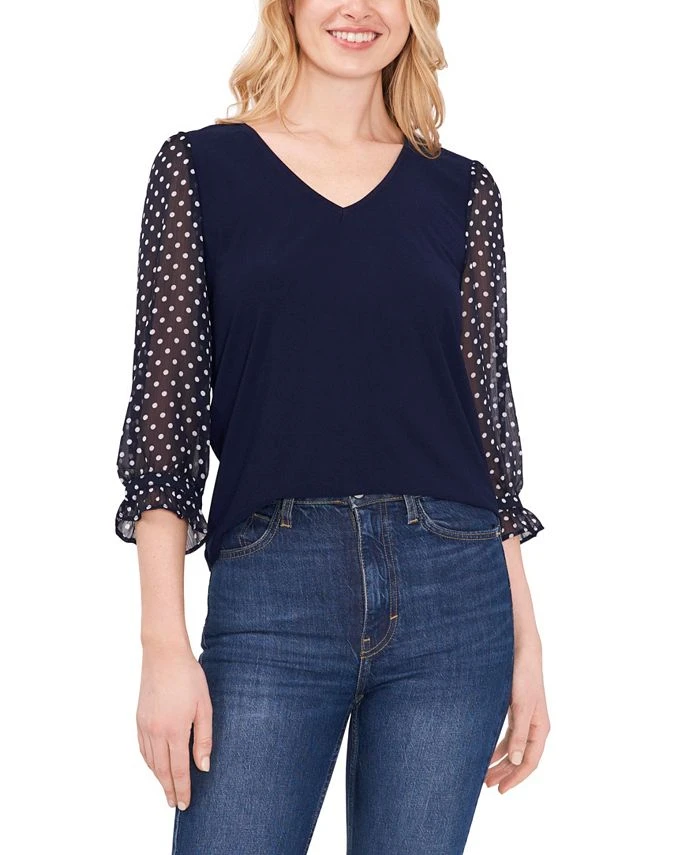 CeCe V-neck Polka Dot Sleeve Top