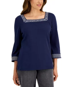 Karen Scott Women's Cotton Hot Fix Square-Neck Top, Created For Macy's