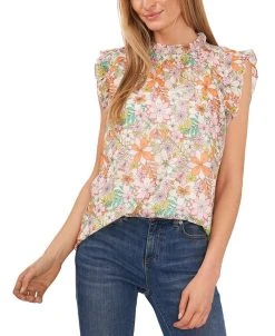 CeCe Floral-Print Mock Neck Blouse