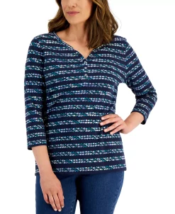 Karen Scott Women's Nico Striped 3/4-Sleeve Henley Top, Created For Macy's