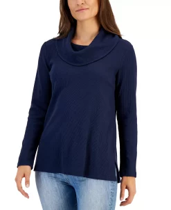 Karen Scott Women's Mini Waffle Cowlneck Top, Created For Macy's