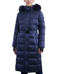 Michael Kors Women's Belted Faux-Fur-Trim Hooded Maxi Puffer Coat