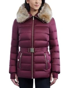 Michael Kors Women's Belted Faux-Fur-Trim Hooded Puffer Coat