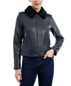 Michael Kors Women's Fleece-Collar Leather Coat, Created For Macy's
