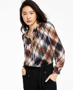 Bar III Women's Plaid Long-Sleeve Ruffled Tie-Neck Blouse, Created For Macy's