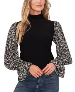 CeCe Women's Mock Neck Printed Sleeve Knit Top