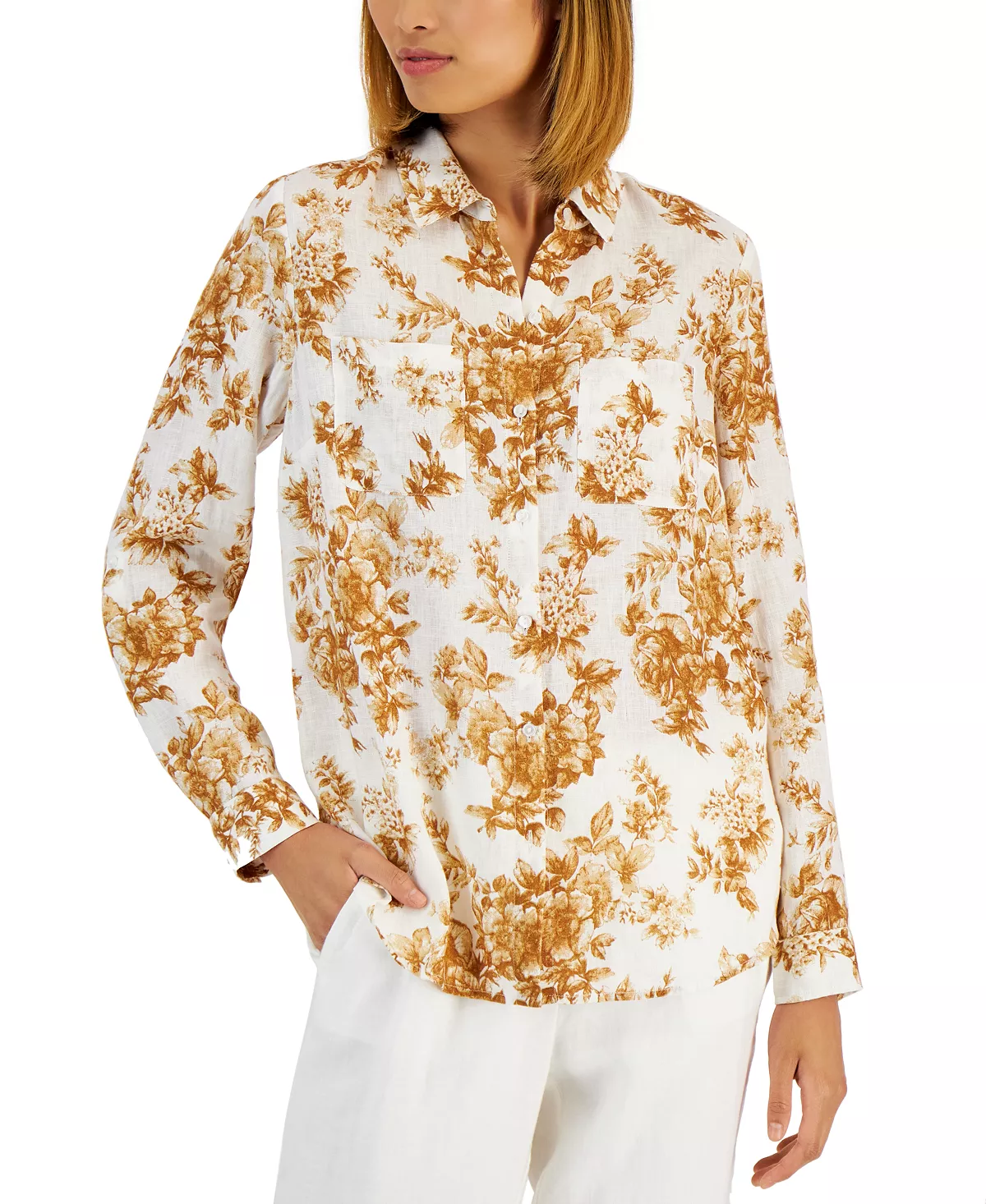 Charter Club Women's Floral-Print Linen Shirt, Created For Macy's