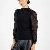 Bar III Women's Embroidered Funnel-Neck Sheer-Sleeve Top, Created For Macy's