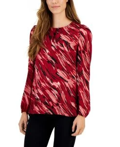 Kasper Women's Pleat-Neck Printed Long-Sleeve Top
