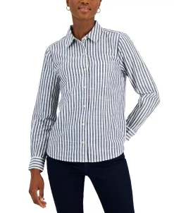 Style & Co Women's Striped Cotton Button-Up Shirt, Created For Macy's