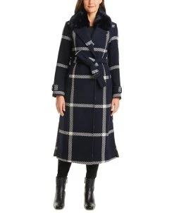 Vince Camuto Women's Faux-Fur-Collar Plaid Maxi Wrap Coat