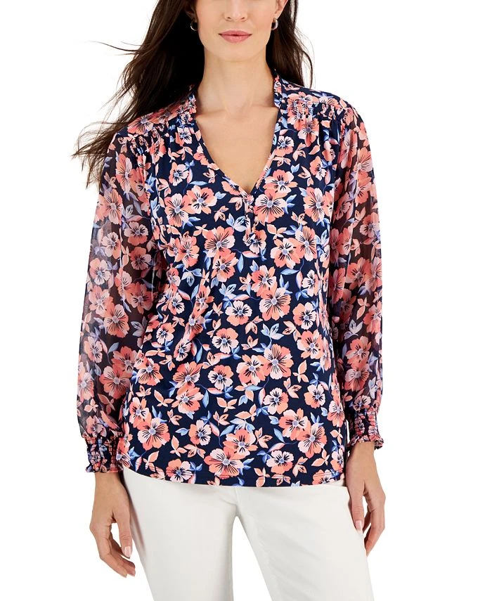 Charter Club Women's Floral Split-Neck Top, Created For Macy's