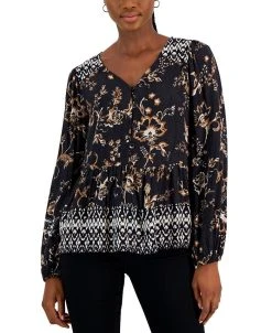 Style & Co Women's Printed V-Neck Peasant Top, Created For Macy's