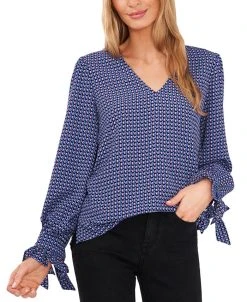 CeCe Women's Long Sleeve Floral-Print Tie-Sleeve Blouse