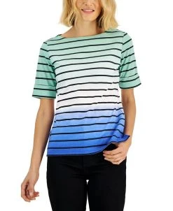 Karen Scott Women's Striped Ombré Short-Sleeve Top, Created For Macy's