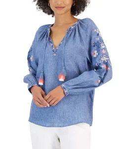 Charter Club Women's Linen Embroidered Peasant Top, Created For Macy's