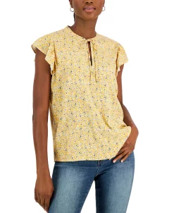 Style & Co Women's Crinkle Gauze Ruffled Sleeve Top, Created For Macy's