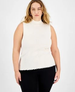 Bar III Plus Size Ribbed Sleeveless Mock-Neck Scalloped-Hem Top, Created For Macy's