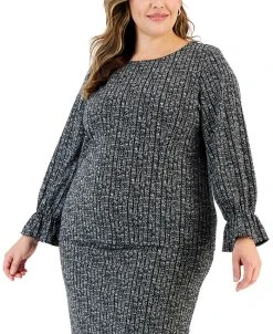 Kasper Plus Size Printed Bateau-Neck Flare-Cuff Blouse