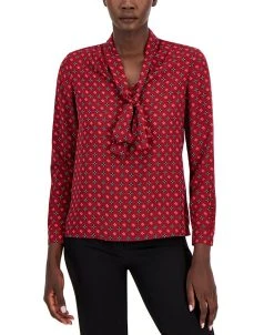 Anne Klein Women's Printed Satin-Twill Tie-Neck Blouse