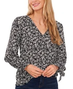 CeCe Women's Long-Sleeve V-Neck Tie-Cuff Blouse
