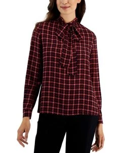 Anne Klein Women's Houndstooth-Print Tie-Neck Top