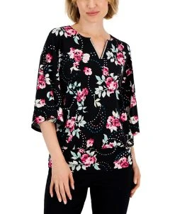 JM Collection Women's Serafina Bouquet 3/4-Sleeve Top, Created For Macy's