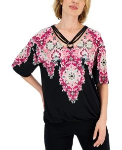 JM Collection Women's Trinity Geo-Print Ring-Hardware Top, Created For Macy's