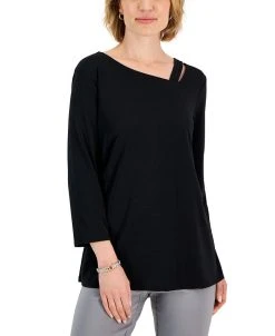 JM Collection Women's Asymmetrical-Neck Lattice-Trim Top, Created For Macy's