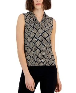 Anne Klein Women's Printed Gathered V-Neck Sleeveless Top