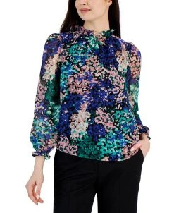 Anne Klein Women's Floral-Print Ruffled-Neck Blouse
