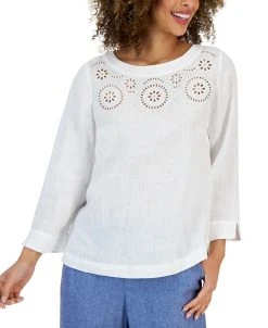 Charter Club Women's Linen Embroidered Top, Created For Macy's