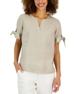 Charter Club Women's Linen Split-Neck Tie-Cuff Top, Created For Macy's
