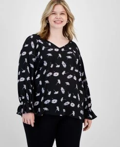 Bar III Plus Size Floral Print Cinched Sleeve Top, Created For Macy's