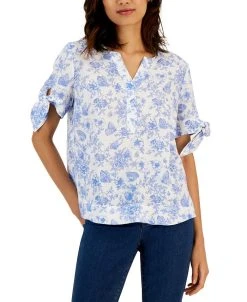 Charter Club Women's Linen Toile-Print Tie-Sleeve Top, Created For Macy's