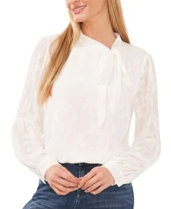 CeCe Women's Clip Jacquard Long-Sleeve Bow Blouse