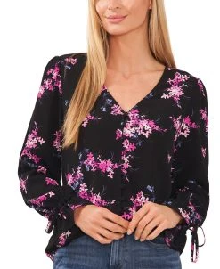 CeCe Women's Floral-Print Ruffled Tie-Sleeve Button-Down Top