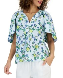 Charter Club Women's Linen Floral Flutter-Sleeve Top, Created For Macy's