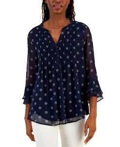 Charter Club Women's Floral 3/4-Sleeve Pintuck Top, Created For Macy's