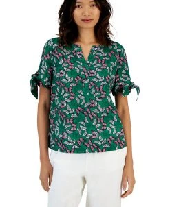 Charter Club Women's Linen Butterfly-Print Tie-Sleeve Top, Created For Macy's