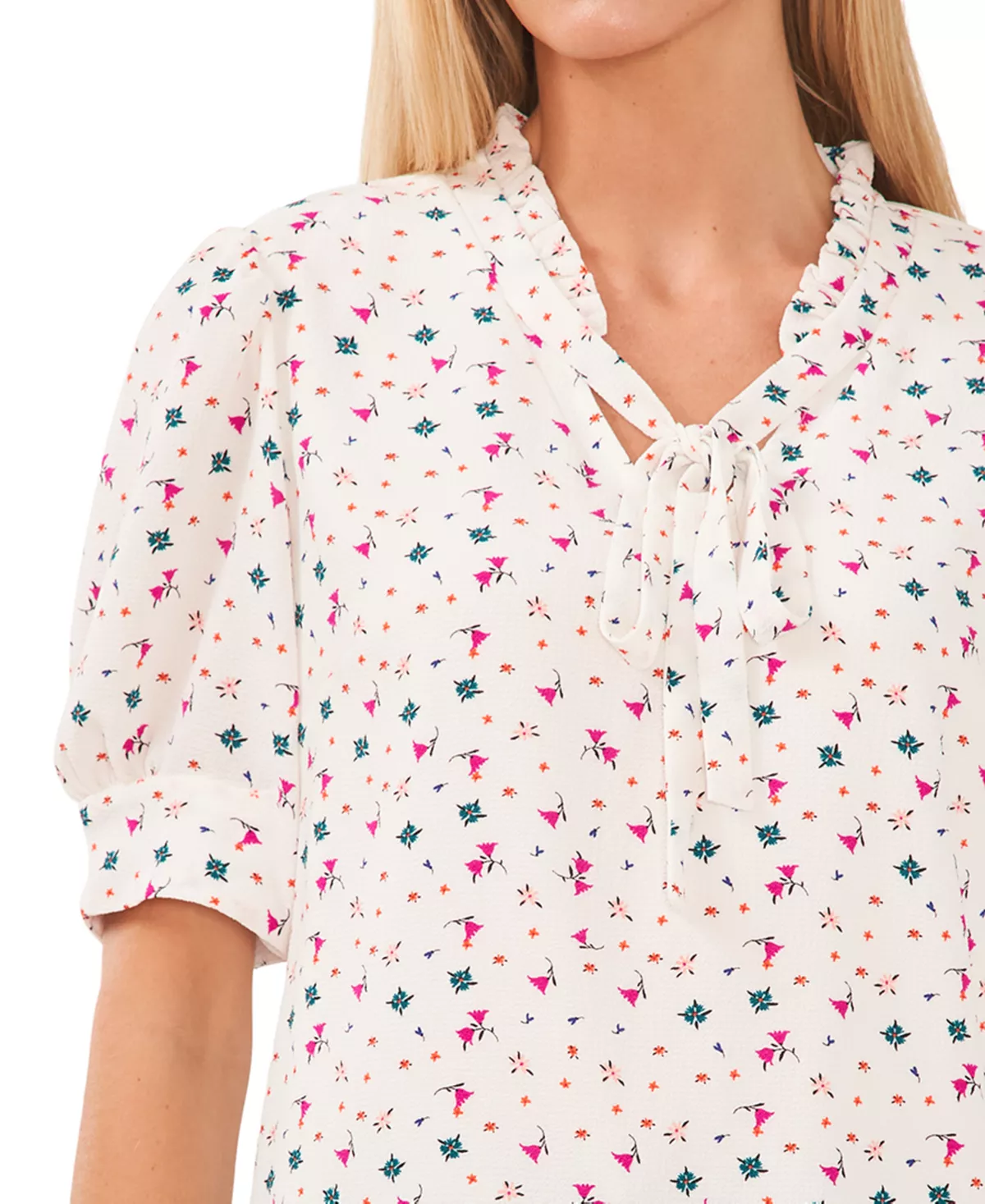 CeCe Women's Floral-Print Puff-Sleeve Tie-Neck Top - Image 3